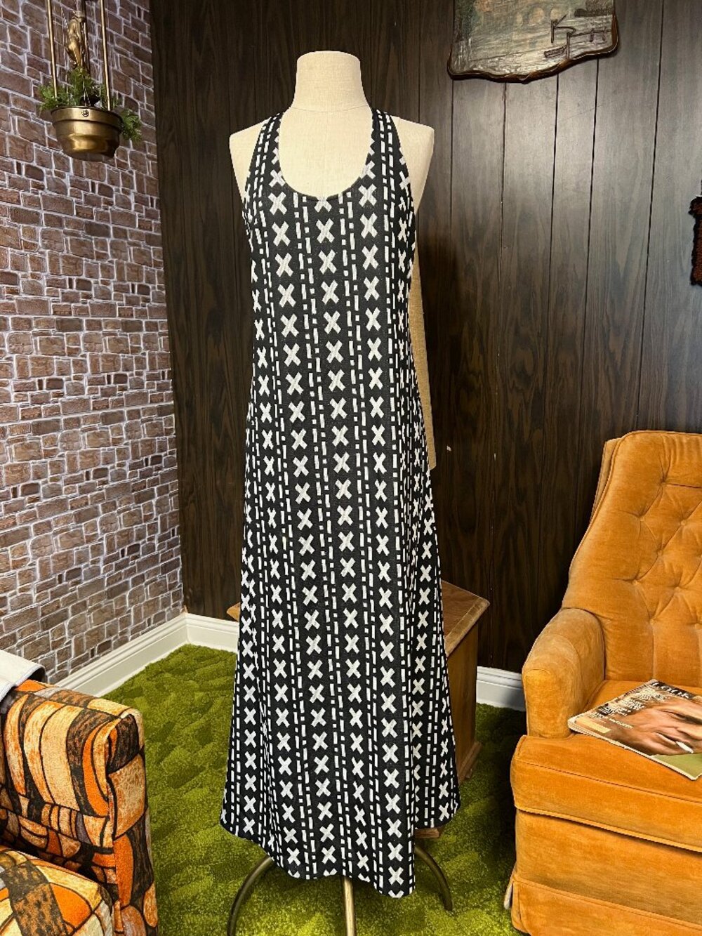 EUC Vintage 60s 70s Metallic Racerback Geometric Poly Handmade Maxi Dress S M
